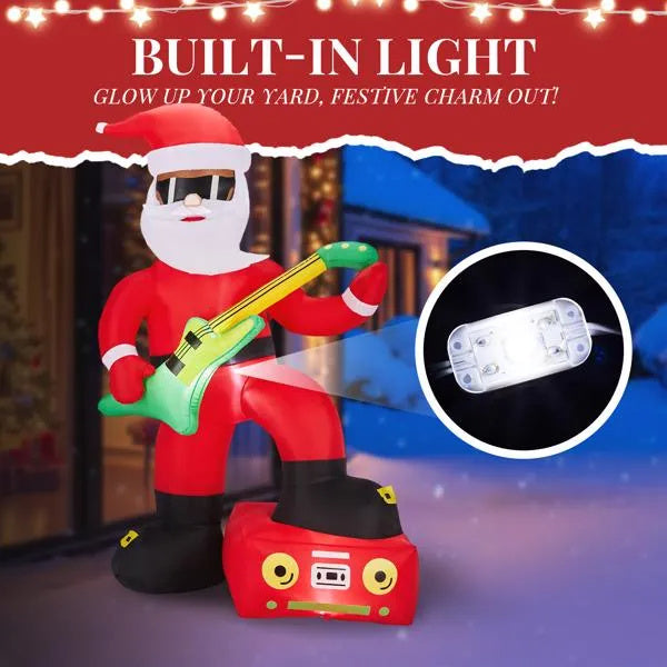 Inflatable Black Santa Playing Electric Guitar, Funny Blow Up Yard Decorations With Built-in LED Lights For Holiday Party Front Yard Lawn Garde