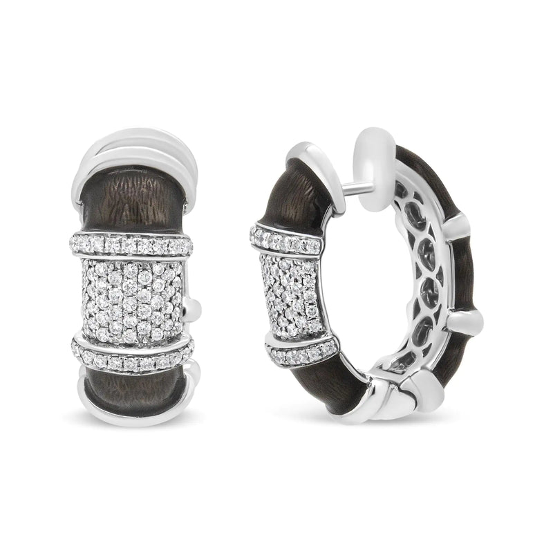 18K White Gold Flash Plated .925 Sterling Silver Clear Graphite Grey Enamel 5/8 Cttw Round Diamonds Huggie Hoop Earrings (F-G Color, VS1-VS2 Clarity) - The Snow Owls