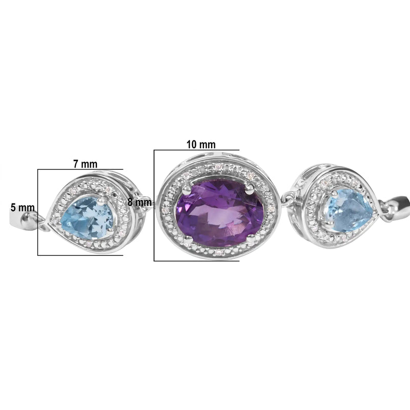 .925 Sterling Silver Oval Amethyst and Pear Blue Topaz with Diamond Accent Lariat 4”-10” Adjustable Bolo Bracelet (H-I Color, SI1-SI2 Clarity) - The Snow Owls