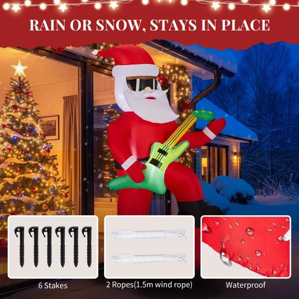 Inflatable Black Santa Playing Electric Guitar, Funny Blow Up Yard Decorations With Built-in LED Lights For Holiday Party Front Yard Lawn Garde
