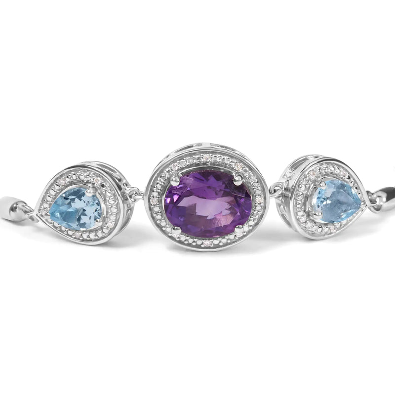 .925 Sterling Silver Oval Amethyst and Pear Blue Topaz with Diamond Accent Lariat 4”-10” Adjustable Bolo Bracelet (H-I Color, SI1-SI2 Clarity) - The Snow Owls