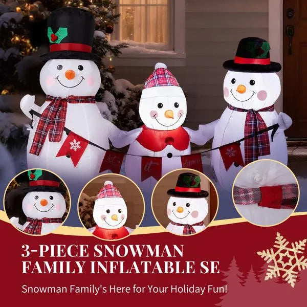 Inflatable Snowman Family With Bunting, Funny Blow Up Yard Decorations With Built-in LED Lights For Holiday Party Front Yard Lawn Garden Decor