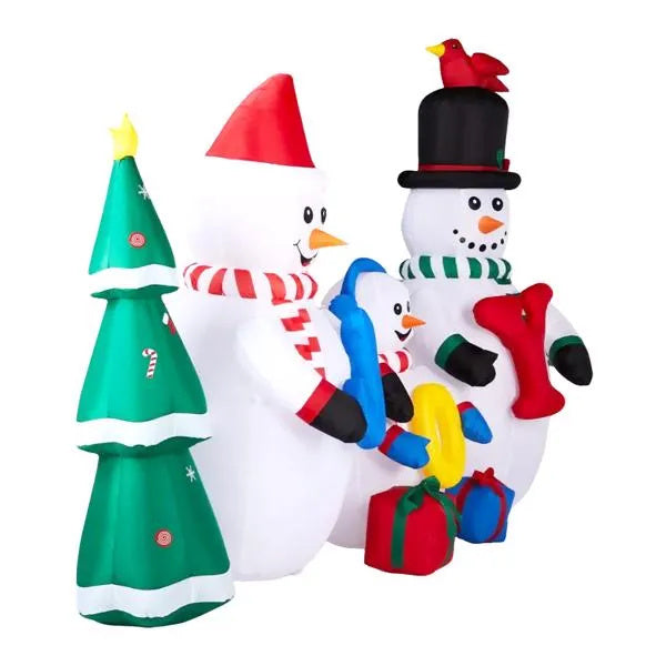 Inflatable Snowman Family With JOY And Xmas Tree, Funny Blow Up Yard Decorations With Built-in LED Lights For Holiday Party Front Yard Lawn Garden Decor