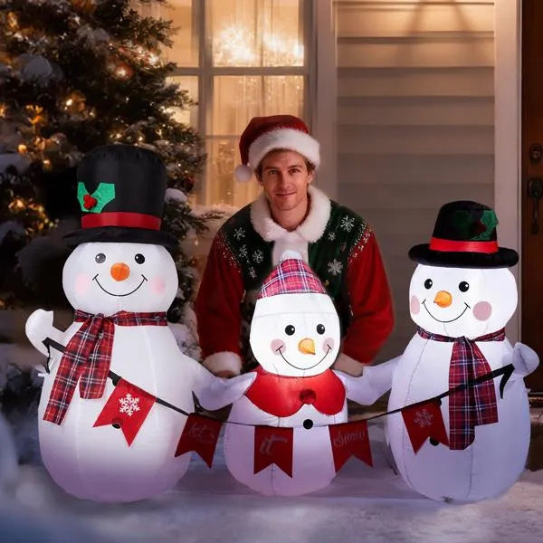 Inflatable Snowman Family With Bunting, Funny Blow Up Yard Decorations With Built-in LED Lights For Holiday Party Front Yard Lawn Garden Decor