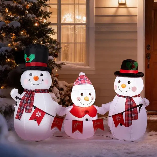 Inflatable Snowman Family With Bunting, Funny Blow Up Yard Decorations With Built-in LED Lights For Holiday Party Front Yard Lawn Garden Decor
