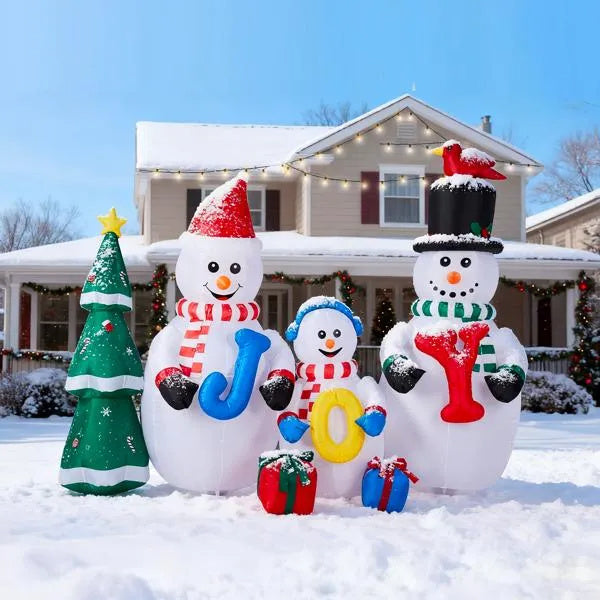 Inflatable Snowman Family With JOY And Xmas Tree, Funny Blow Up Yard Decorations With Built-in LED Lights For Holiday Party Front Yard Lawn Garden Decor