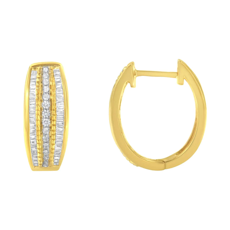10K Yellow Gold 3/4 Cttw Pave and Channel Set Diamond Triple Row Modern Hoop Earrings (I-J Color, I2-I3 Clarity) - The Snow Owls