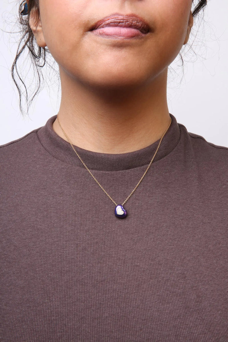 18K Yellow Gold Blue Enamel 1/10 Cttw Round Pave Diamonds Heart Shape 18" Pendant Necklace (G-H Color, SI1-SI2 Clarity) - Adjustable up to 16" - 18" - The Snow Owls