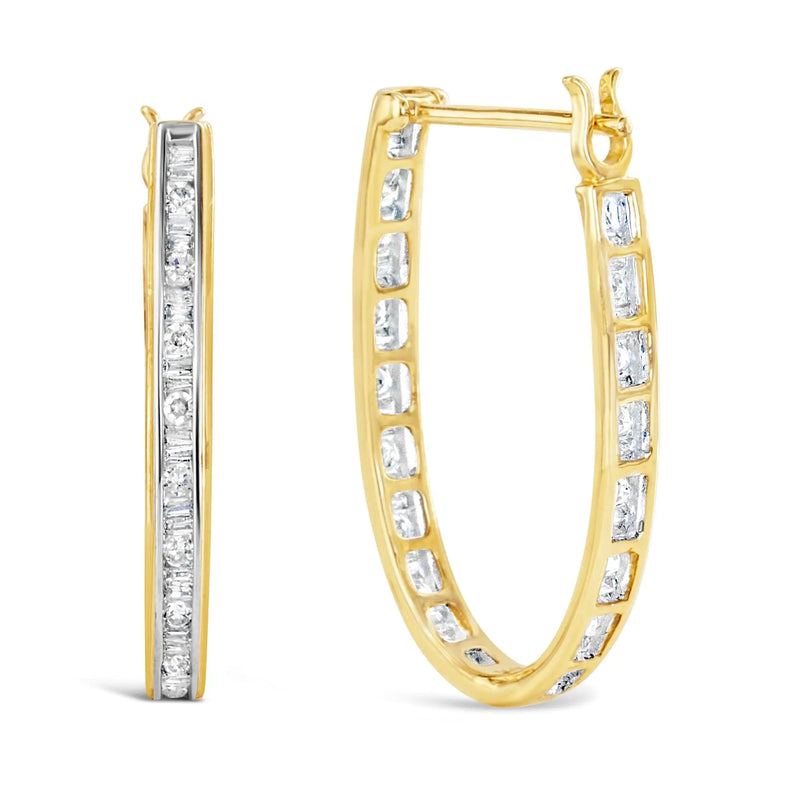 10K Yellow Gold 1.00 Cttw Round and Baguette-Cut Diamond U-Hoop Earrings (H-I Color, SI2-I1 Clarity) - The Snow Owls