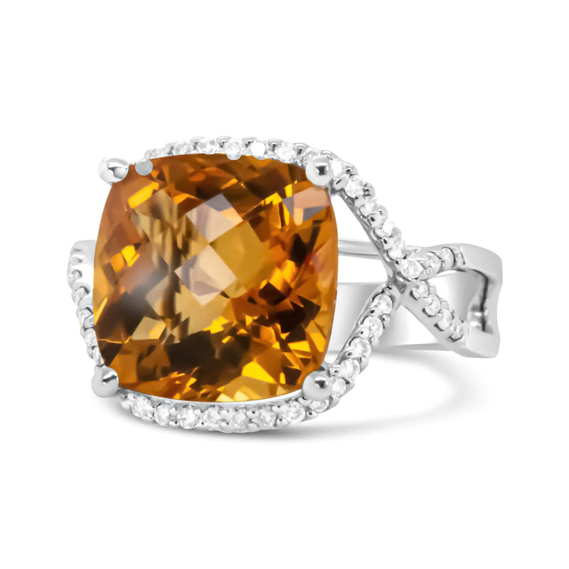14K White Gold 12mm Cushion Cut Yellow Citrine Gemstone and 1/3 Cttw Round Pave-Set Diamond Ring - (H-I Color, VS1-VS2 Clarity) - The Snow Owls