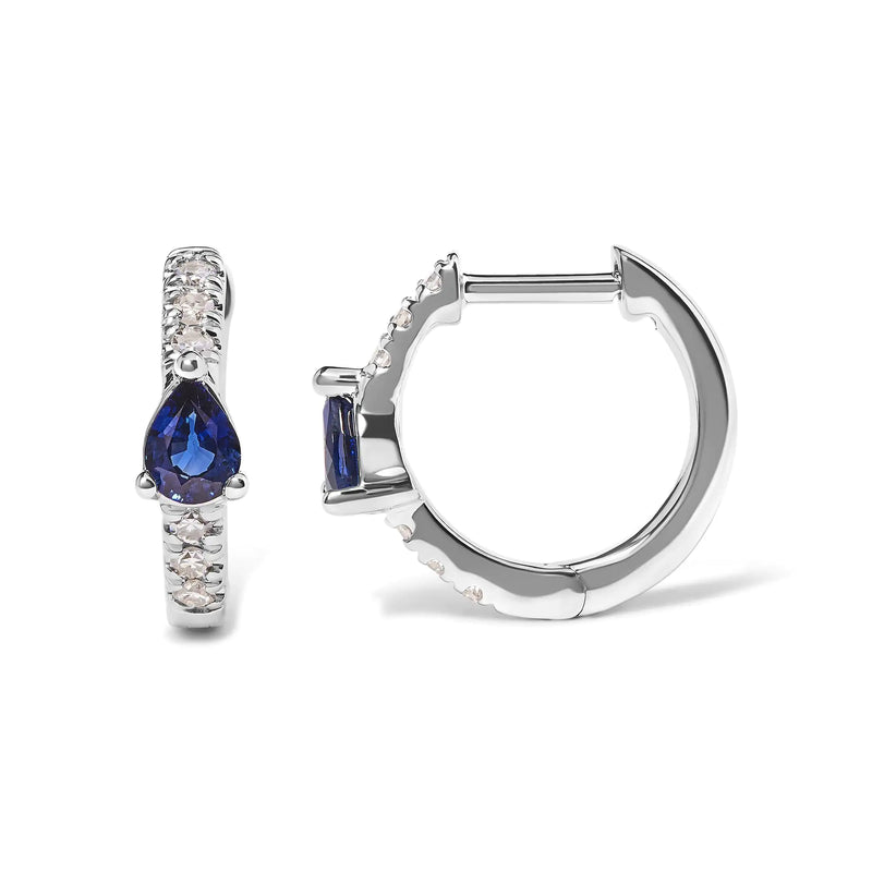 10K White Gold Pear Shaped Blue Sapphire and 1/10 Cttw Diamond Huggy Hoop Earrings (H-I Color, I1-I2 Clarity) - The Snow Owls