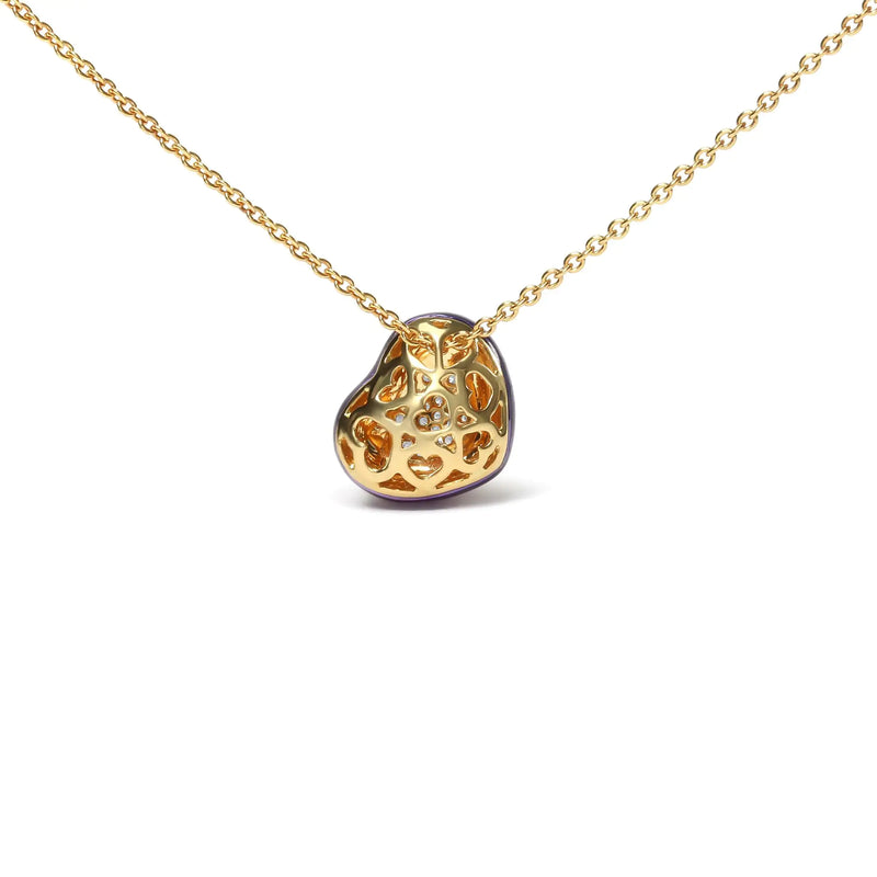 18K Yellow Gold Blue Enamel 1/10 Cttw Round Pave Diamonds Heart Shape 18" Pendant Necklace (G-H Color, SI1-SI2 Clarity) - Adjustable up to 16" - 18" - The Snow Owls