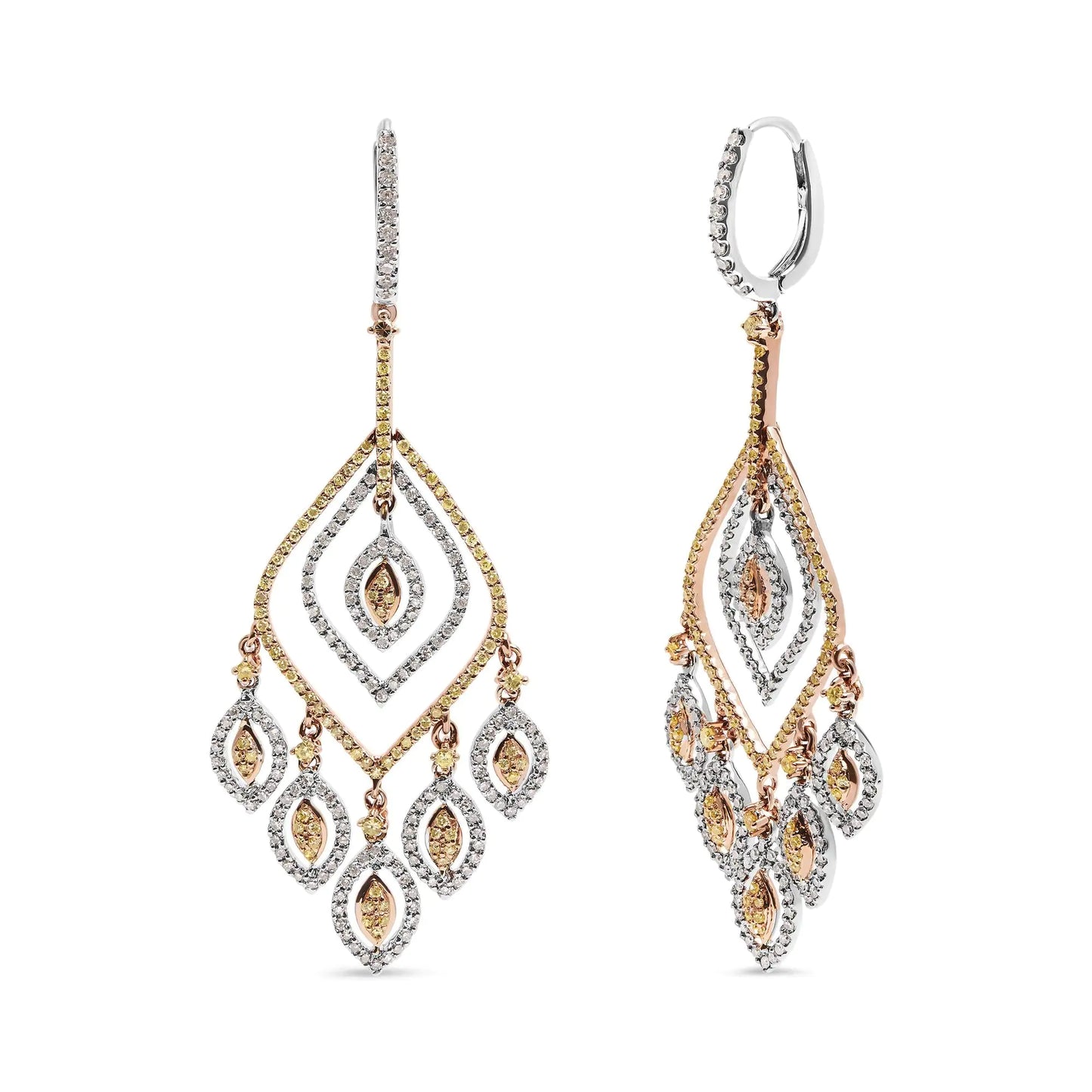 14K White and Rose Gold 2 1/2 Cttw Diamond Curved Rhombus Shape Drop and Chandelier Style Dangle Earring (J-K Color, I2-I3 Clarity) - The Snow Owls