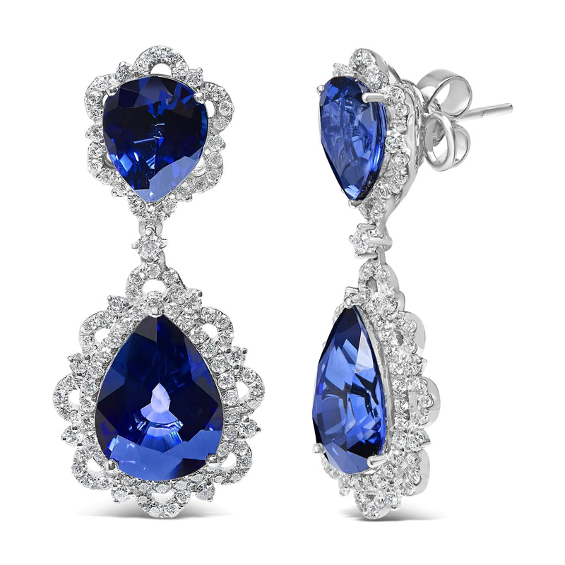 18K White Gold Blue Sapphire and Diamond 2.00 Cttw Diamond Halo Drop and Dangle Earring (G-H Color, SI1-SI2 Clarity) - The Snow Owls