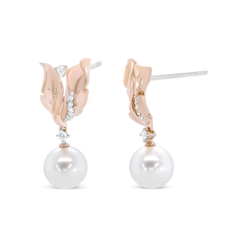 14K Rose Gold 1/6 Cttw Round Diamond and 8mm Round Pearl Floral Drop Stud Earrings (H-I Color, I1-I2 Clarity) - The Snow Owls