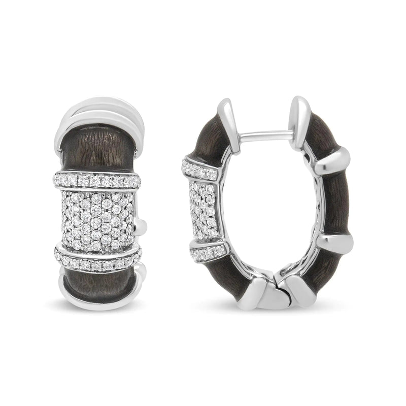 18K White Gold Flash Plated .925 Sterling Silver Clear Graphite Grey Enamel 5/8 Cttw Round Diamonds Huggie Hoop Earrings (F-G Color, VS1-VS2 Clarity) - The Snow Owls