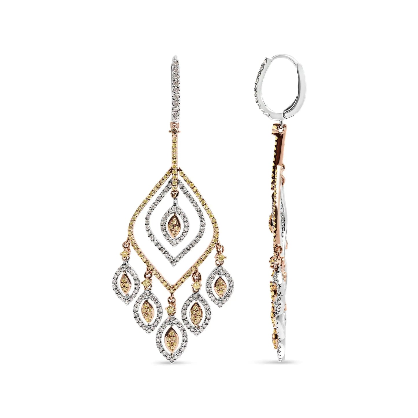 14K White and Rose Gold 2 1/2 Cttw Diamond Curved Rhombus Shape Drop and Chandelier Style Dangle Earring (J-K Color, I2-I3 Clarity) - The Snow Owls
