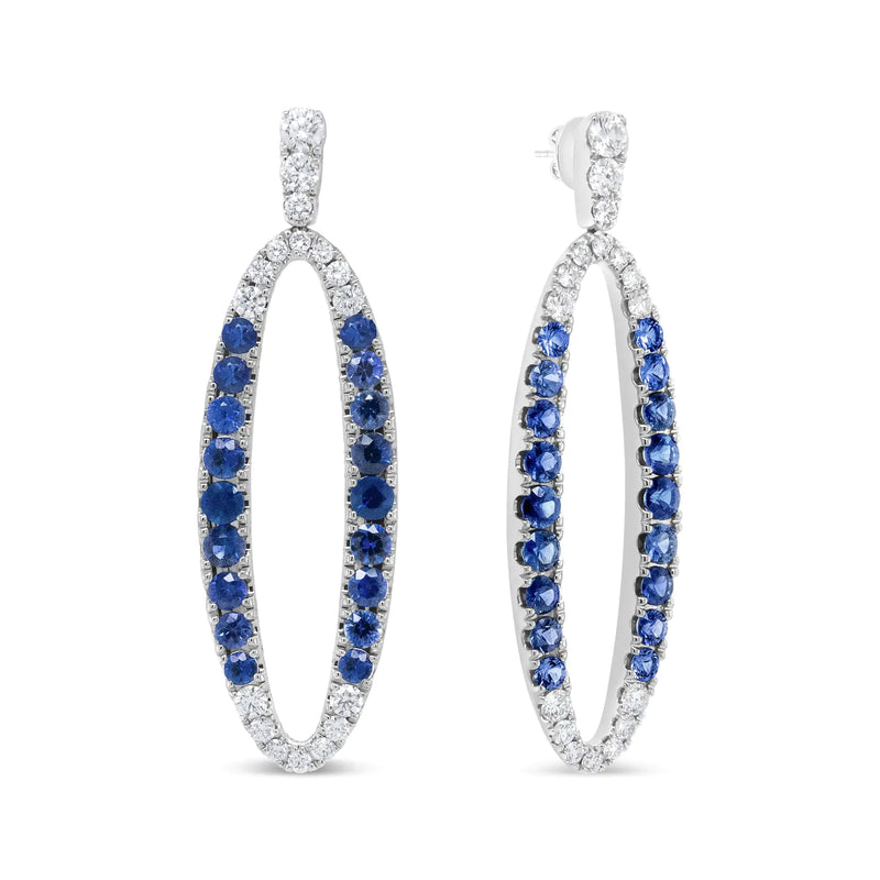 18K White Gold 1.11 Cttw Blue Round Diamond and Blue Sapphire Openwork Oval Shaped Dangle Earrings (F-G Color, VS1-VS2 Clarity) - The Snow Owls