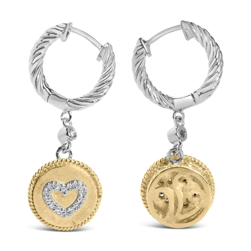 18K Yellow Gold Plated .925 Sterling Silver 1/8 Cttw Diamond Heart Medallion Drop and Dangle Earring (I-J Color, SI1-SI2 Clarity) - The Snow Owls