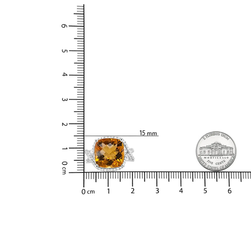 14K White Gold 12mm Cushion Cut Yellow Citrine Gemstone and 1/3 Cttw Round Pave-Set Diamond Ring - (H-I Color, VS1-VS2 Clarity) - The Snow Owls