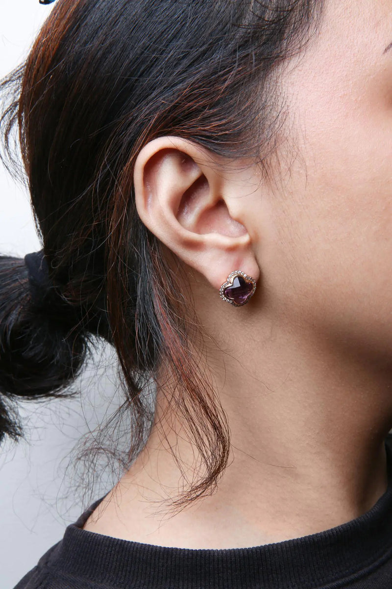 18K Rose Gold 3/8 Cttw Diamond and 11x11mm Clover-Cut Purple Amethyst Gemstone Clover Halo Stud Earrings (G-H Color, SI1-SI2 Clarity) - The Snow Owls
