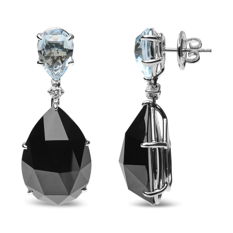 18K White Gold 1/5 Cttw Diamond with Pear Cut Sky Blue Topaz and Pear-Cut Black Onyx Gemstone Dangle Earring (G-H Color, SI1-SI2 Clarity) - The Snow Owls