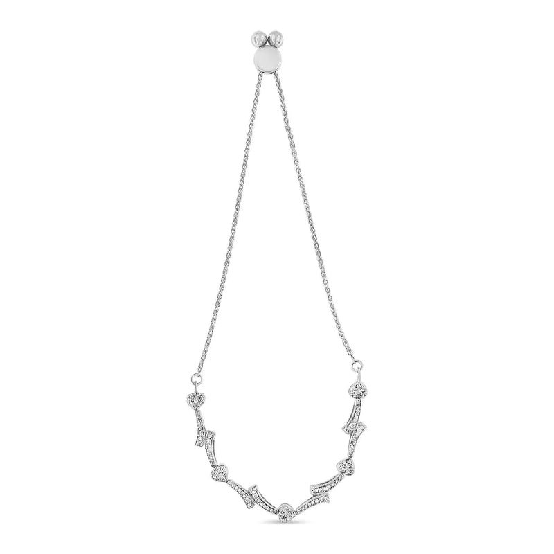 .925 Sterling Silver Diamond Accent Heart and Wave Link Bolo Bracelet (I-J Color, I2-I3 Clarity) - 6" to 9" Adjustable - The Snow Owls