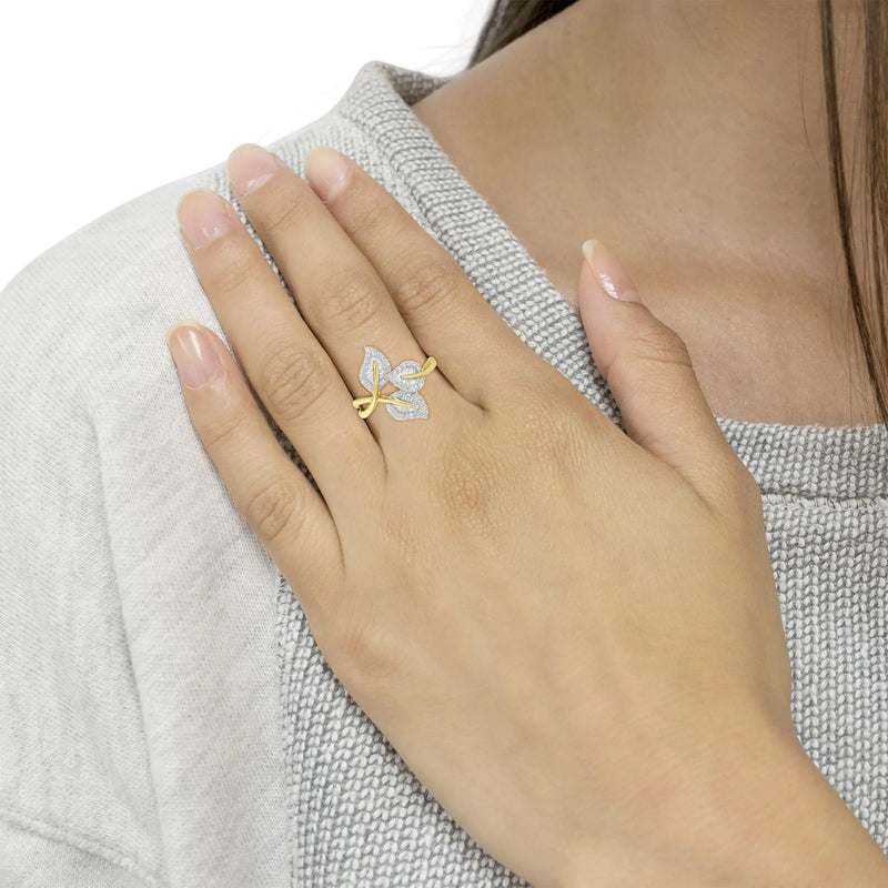 18K Yellow and White Gold Plated .925 Sterling Silver 3/8 Cttw Baguette and Round Diamond Bypass Triple Leaf Ring (I-J Color, I1-I2 Clarity) - The Snow Owls