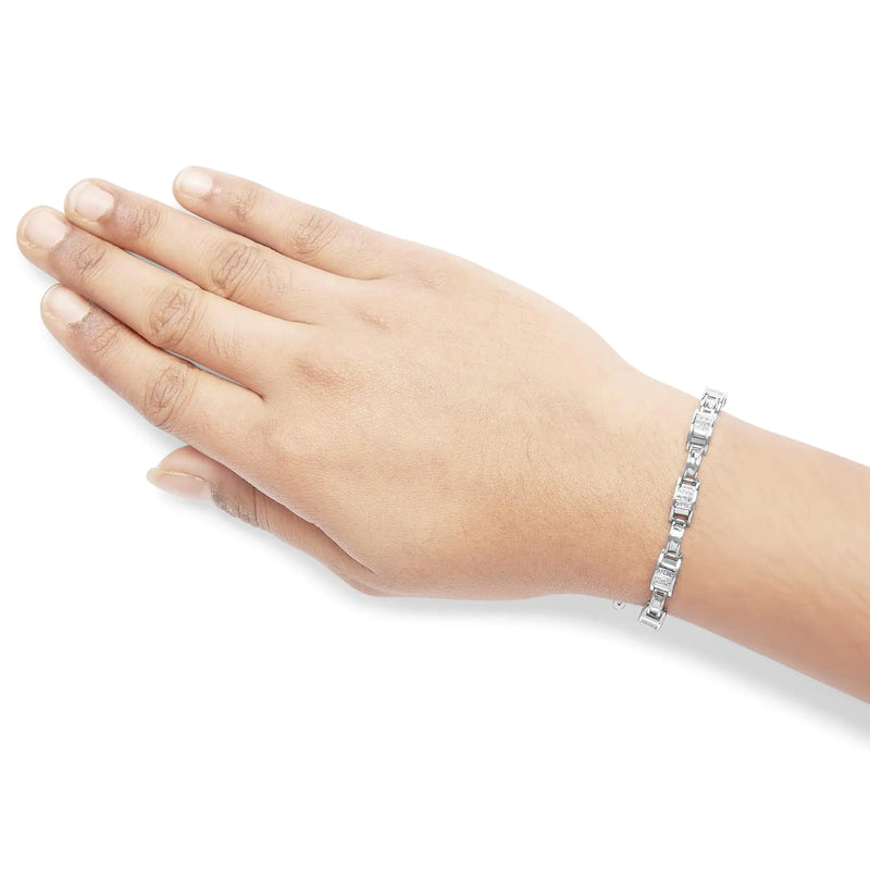 14K White Gold 1.0 Cttw Invisible Set Princess Diamond Alternating Link Tennis Bracelet (I-J Color, I1-I2 Clarity) - 7.25" - The Snow Owls