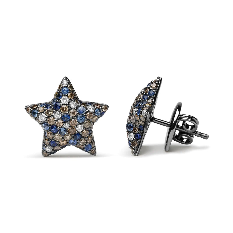 Black Rhodium Plated 18K White Gold 1.00 Cttw Diamond and Round Blue Sapphire Gemstone Micro-Pave Star Stud Earrings (Brown and G-H Color, SI1-SI2 Clarity) - The Snow Owls