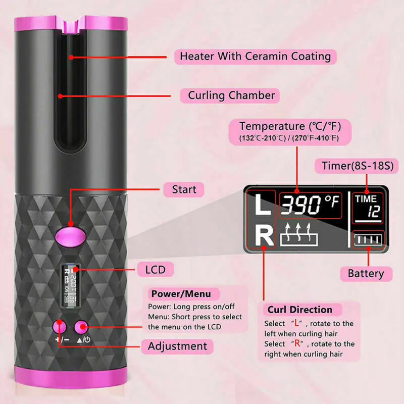Hair Curler LCD Cordless Auto Rotating Waver Curling Iron Ceramic Wireless USA - The Snow Owls