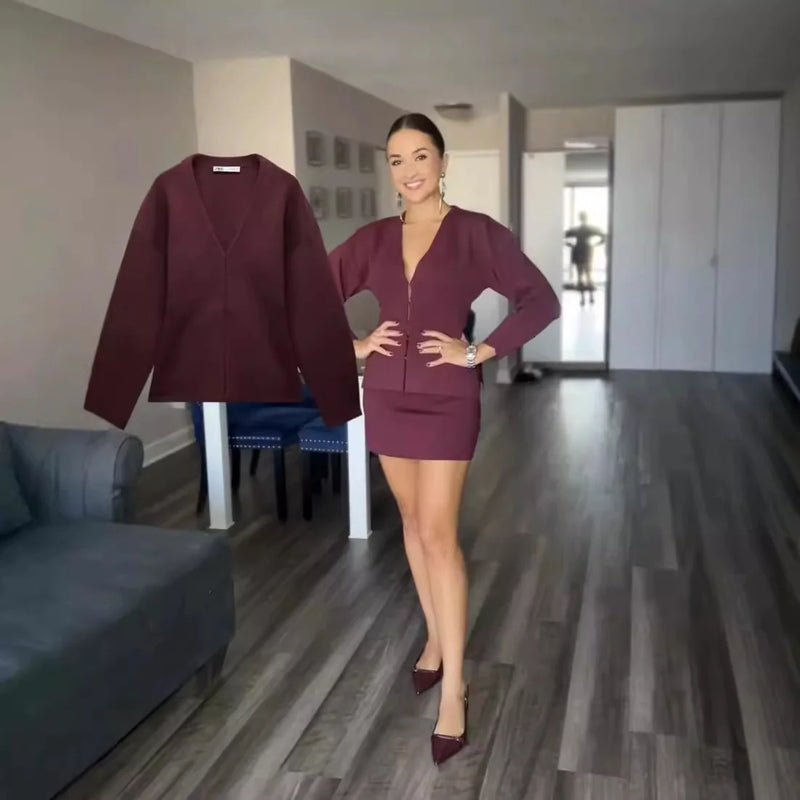 V-Neck Knitted Sweater Set - The Snow Owls