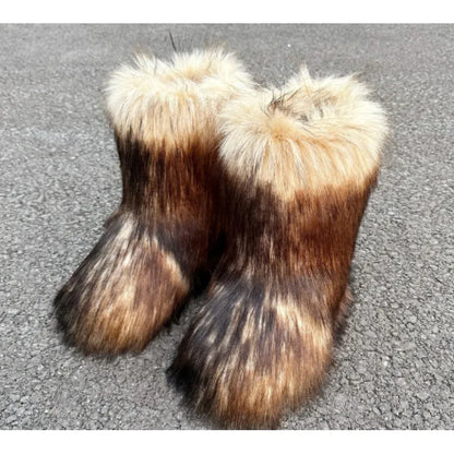 Raccoon Fur Plush Snow Boots