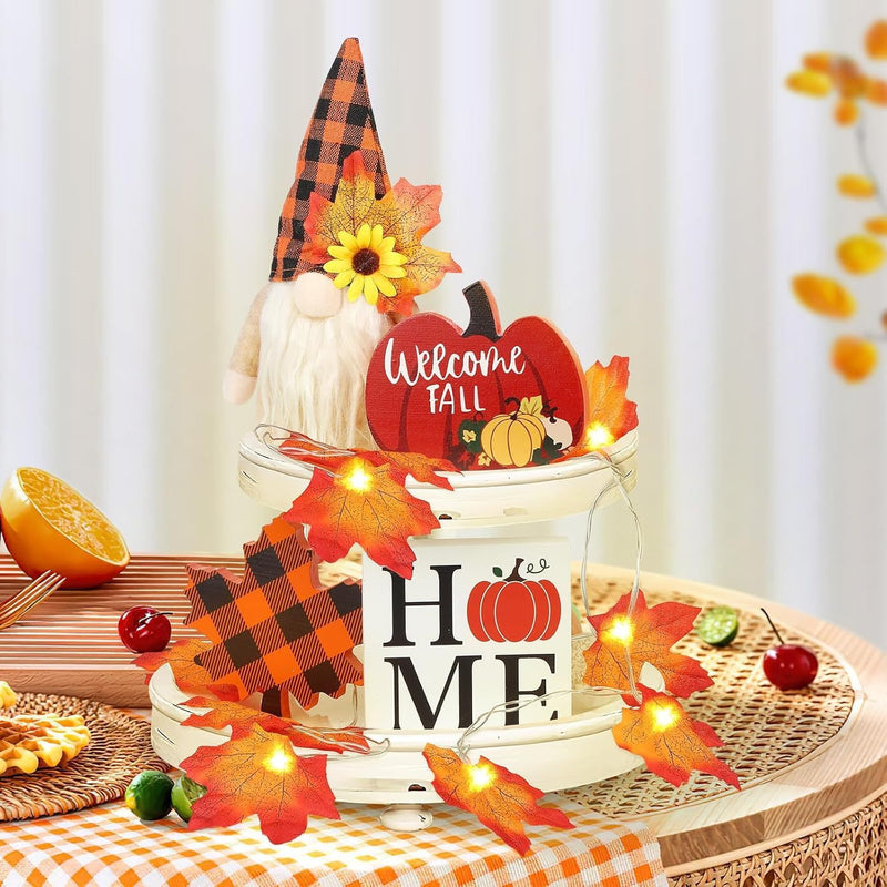 Fall Gnome Tiered Tray Decorations Set Farmhouse Pumpkin Decor Autumn Maple Leaf Table Centerpieces With Fall String Lights Thankgiving Day Fall Greeting Card Autumn Harvest Decorations Clearance Sale