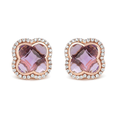 18K Rose Gold 3/8 Cttw Diamond and 11x11mm Clover-Cut Purple Amethyst Gemstone Clover Halo Stud Earrings (G-H Color, SI1-SI2 Clarity) - The Snow Owls