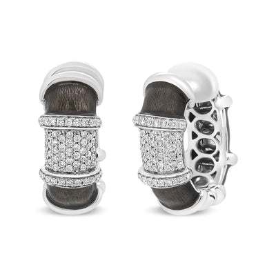 18K White Gold Flash Plated .925 Sterling Silver Clear Graphite Grey Enamel 5/8 Cttw Round Diamonds Huggie Hoop Earrings (F-G Color, VS1-VS2 Clarity) - The Snow Owls