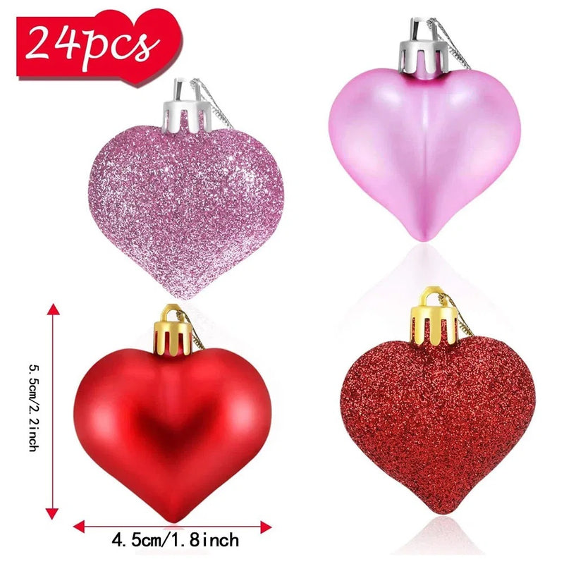 12PCS Christmas Heart Shape Ornaments Gold Red Pink Silver Heart Hanging Pendants Glossy And Matte Xmas Tree Decorations For Christmas Tree Party Wedding Valentine Decor
