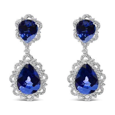 18K White Gold Blue Sapphire and Diamond 2.00 Cttw Diamond Halo Drop and Dangle Earring (G-H Color, SI1-SI2 Clarity) - The Snow Owls