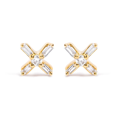 10K Yellow Gold 1/10 Cttw Round and Baguette Diamond Criss Cross X Stud Earring (H-I Color, I1-I2 Clarity) - The Snow Owls