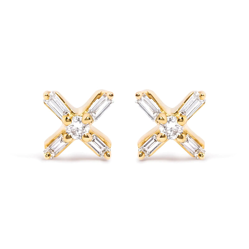 10K Yellow Gold 1/10 Cttw Round and Baguette Diamond Criss Cross X Stud Earring (H-I Color, I1-I2 Clarity) - The Snow Owls