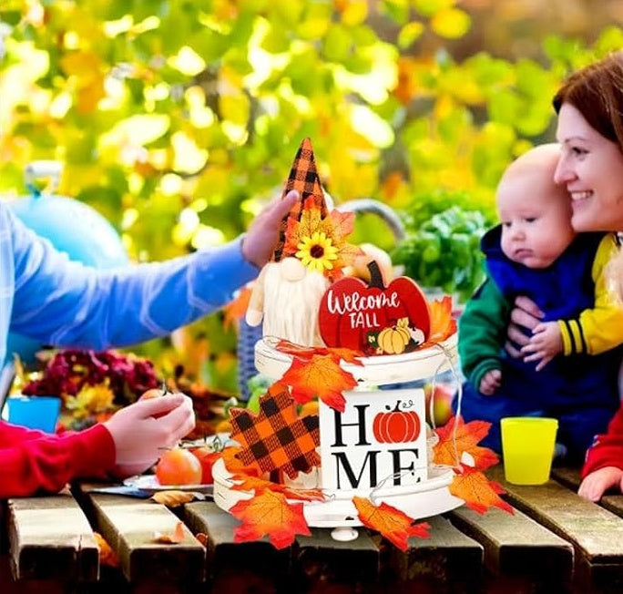 Fall Gnome Tiered Tray Decorations Set Farmhouse Pumpkin Decor Autumn Maple Leaf Table Centerpieces With Fall String Lights Thankgiving Day Fall Greeting Card Autumn Harvest Decorations Clearance Sale