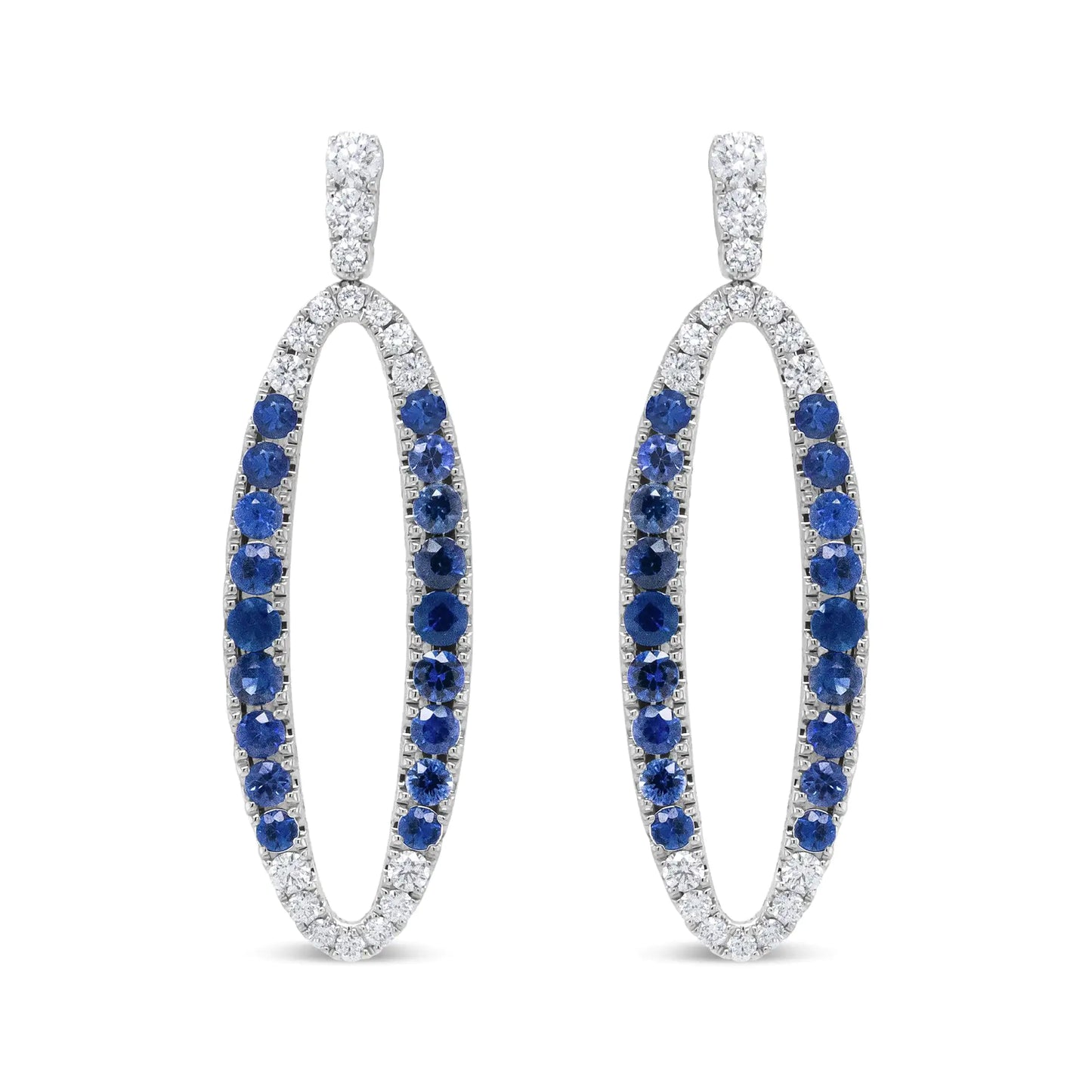 18K White Gold 1.11 Cttw Blue Round Diamond and Blue Sapphire Openwork Oval Shaped Dangle Earrings (F-G Color, VS1-VS2 Clarity)