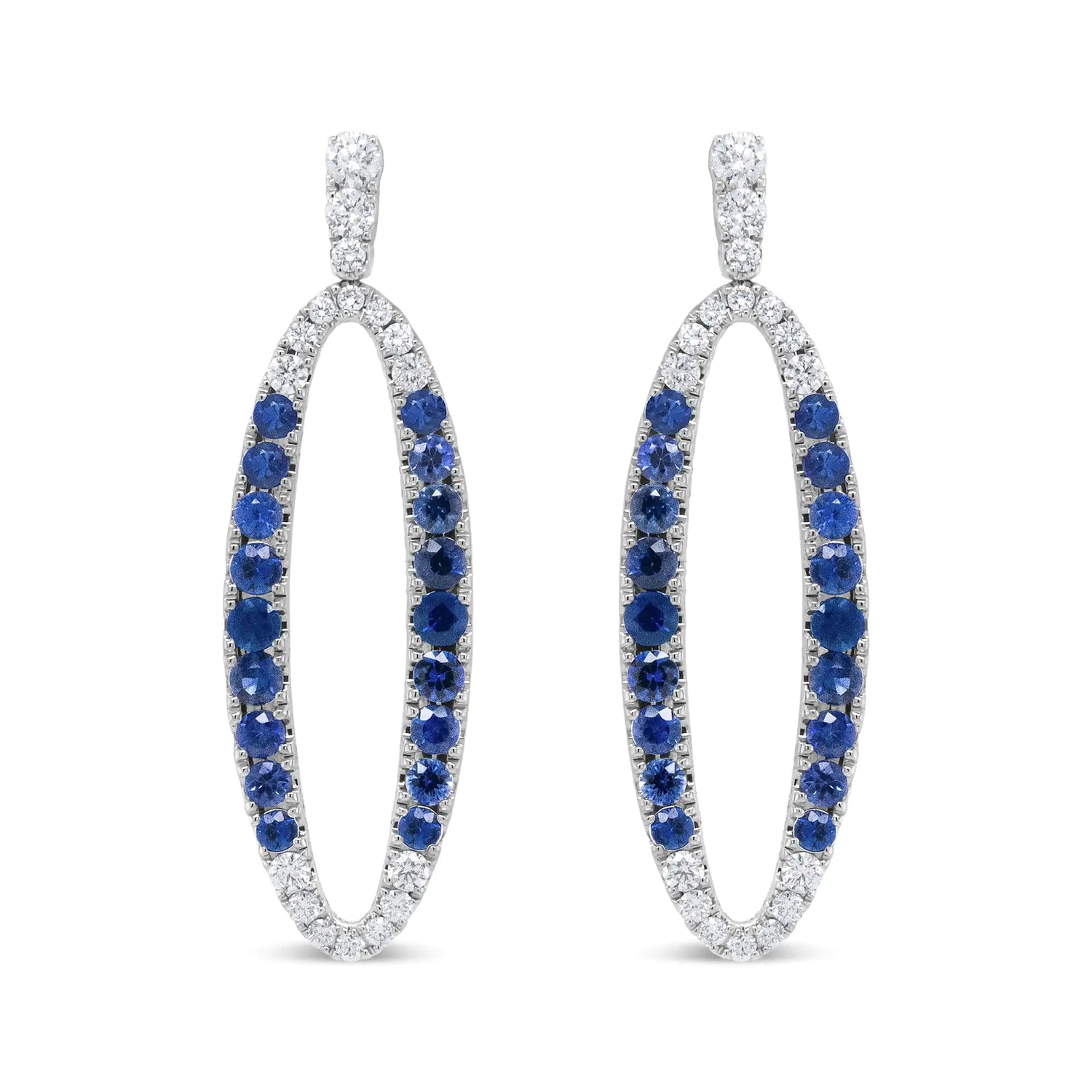 18K White Gold 1.11 Cttw Blue Round Diamond and Blue Sapphire Openwork Oval Shaped Dangle Earrings (F-G Color, VS1-VS2 Clarity) - The Snow Owls