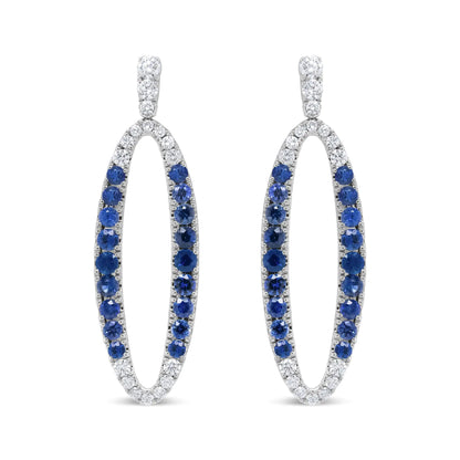 18K White Gold 1.11 Cttw Blue Round Diamond and Blue Sapphire Openwork Oval Shaped Dangle Earrings (F-G Color, VS1-VS2 Clarity)