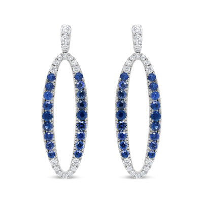 18K White Gold 1.11 Cttw Blue Round Diamond and Blue Sapphire Openwork Oval Shaped Dangle Earrings (F-G Color, VS1-VS2 Clarity) - The Snow Owls