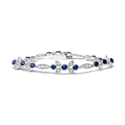 18K White Gold 1 3/4 Cttw Diamond and 3x3mm Round Blue Sapphire Gemstone Floral Link Bracelet (G-H Color, SI1-SI2 Clarity) - Size 7" - The Snow Owls