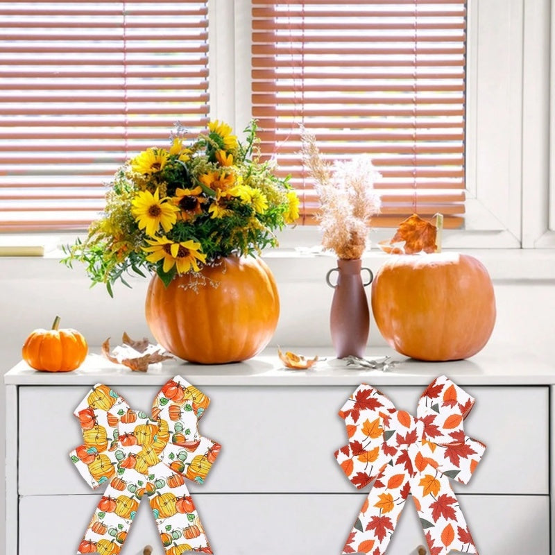 4 Rolls 20 Yards Thanksgiving Day Fall Autumn Wired Edge Ribbon Pumpkin Leaves Wired Ribbon Gingham Ribbon For Thanksgiving Decorations Party Gift Wrapping Craft DIY Project