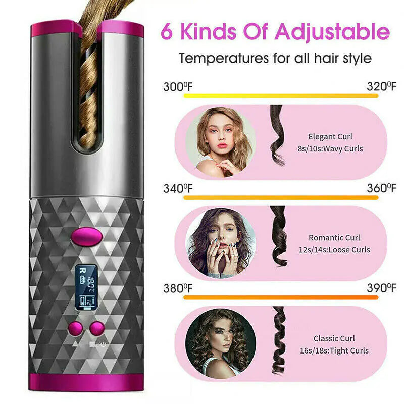 Hair Curler LCD Cordless Auto Rotating Waver Curling Iron Ceramic Wireless USA - The Snow Owls