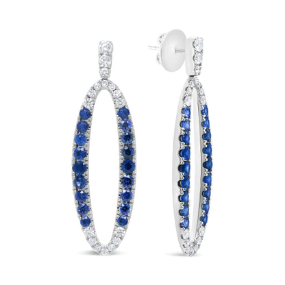 18K White Gold 1.11 Cttw Blue Round Diamond and Blue Sapphire Openwork Oval Shaped Dangle Earrings (F-G Color, VS1-VS2 Clarity)