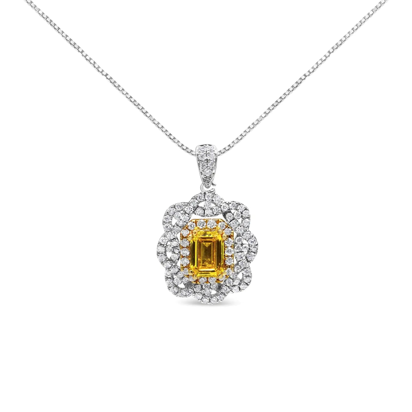 18K Yellow and White Gold 1.75 Cttw Diamond Lab Grown Treated Yellow Emerald Center Diamond Halo 18" Pendant Necklace (Yellow/G-H Color, VS1-VS2 Clarity)